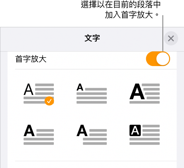 「首字放大」控制項目位於「文字」選單。