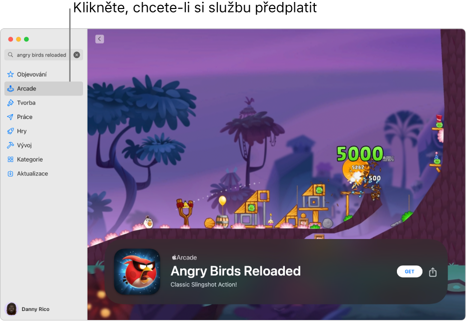 Hlavní stránka služby Apple Arcade. Vpravo je zobrazena oblíbená hra