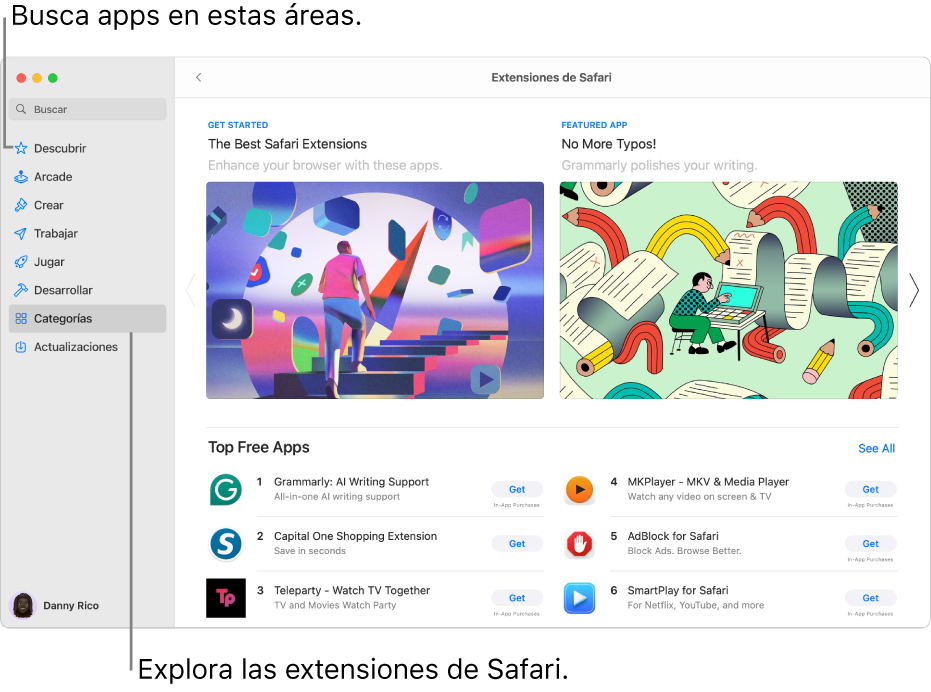 La página de Mac App Store de extensiones de Safari. La barra lateral de la izquierda incluye enlaces a otras páginas: Descubrir, Arcade, Crear, Trabajar, Jugar, Desarrollar, Categorías, y Actualizaciones. A la derecha se encuentran extensiones disponibles de Safari.