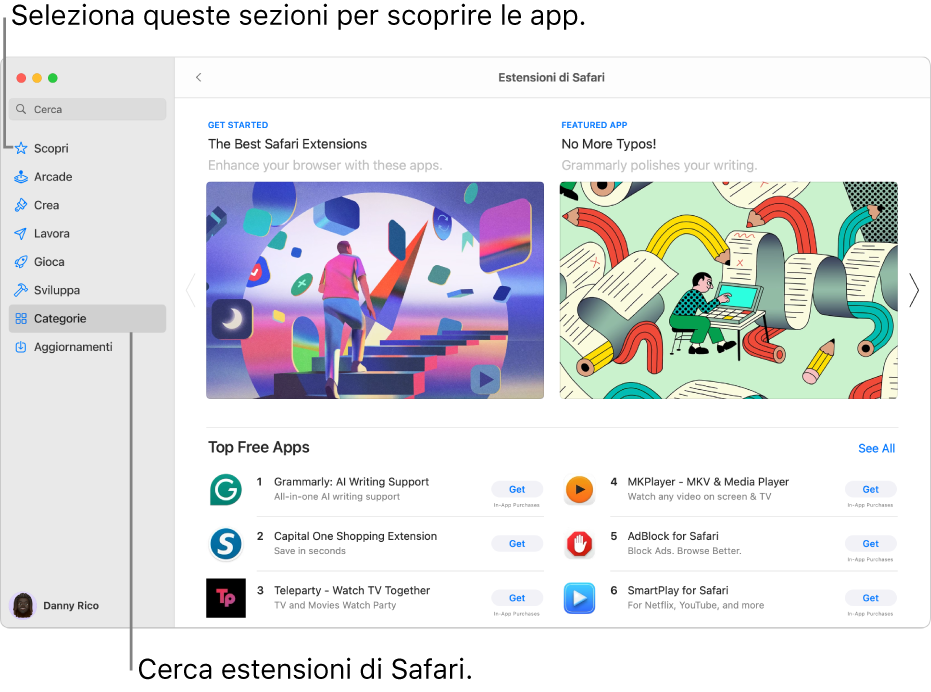 La pagina di App Store sul Mac delle estensioni di Safari. La barra laterale a sinistra presenta link ad altre sezioni, come Scopri, Arcade, Crea, Lavoro, Giochi, Per sviluppatori, Categorie e Aggiornamenti. A destra, si trovano le estensioni di Safari disponibili.