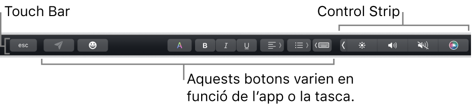 La Touch Bar, situada a la part superior del teclat, que mostra la Control Strip contreta, a la dreta, i botons que varien segons l’app o la tasca.