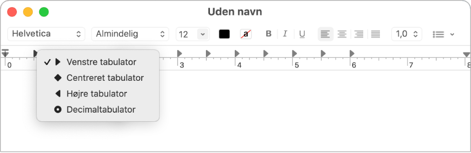 Linealen med indstillinger for tabulatorstop.