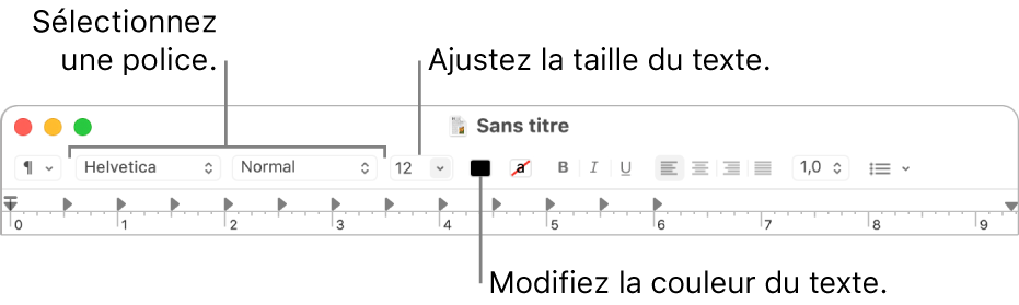 La barre d’outils de TextEdit affichant des options pour ajuster la taille, la couleur et la police du texte.