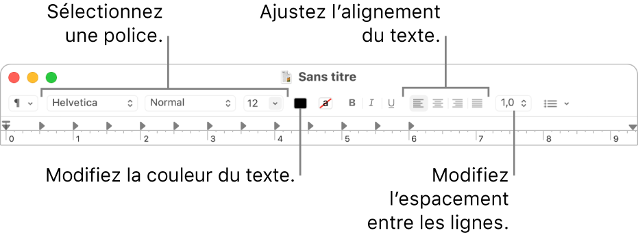 Barre d’outils de TextEdit pour un document RTF, présentant les commandes de police, d’alignement et d’espacement du texte.