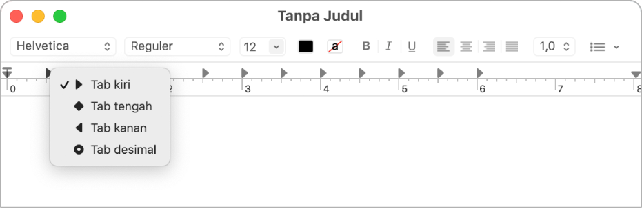 Penggaris menampilkan pilihan berhenti tab.