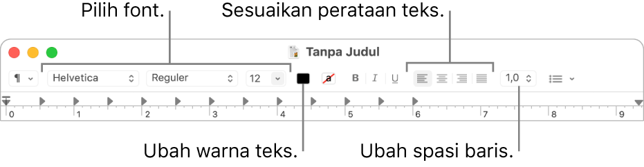 Bar alat TextEdit untuk dokumen teks kaya, menampilkan font dan perataan teks serta kontrol spasi.