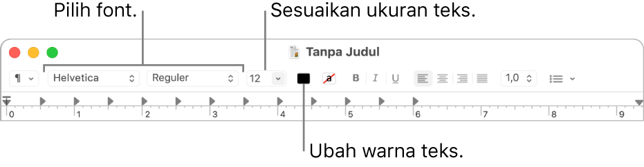 Bar alat TextEdit menampilkan pilihan yang menyesuaikan ukuran teks, warna, dan font.