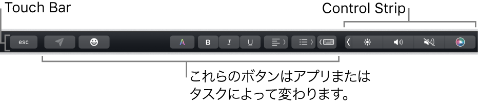 キーボード上部のTouch Barの右側には折りたたまれたControl Stripが、左側にはアプリや作業によって異なるボタンが表示されています。