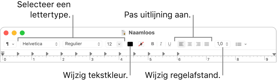 De knoppenbalk van Teksteditor voor een RTF-document met daarin regelaars voor het lettertype, de tekstuitlijning en de afstand.