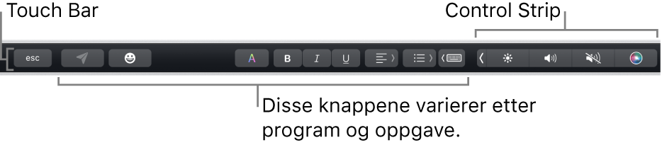 Touch Bar langs toppen av tastaturet, som viser minimert Control Strip til høyre, og knapper som varierer etter app eller oppgave.