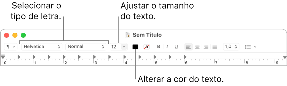 Barra de ferramentas do Editor de Texto mostrando opções para ajustar o tamanho, a cor e a fonte do texto.