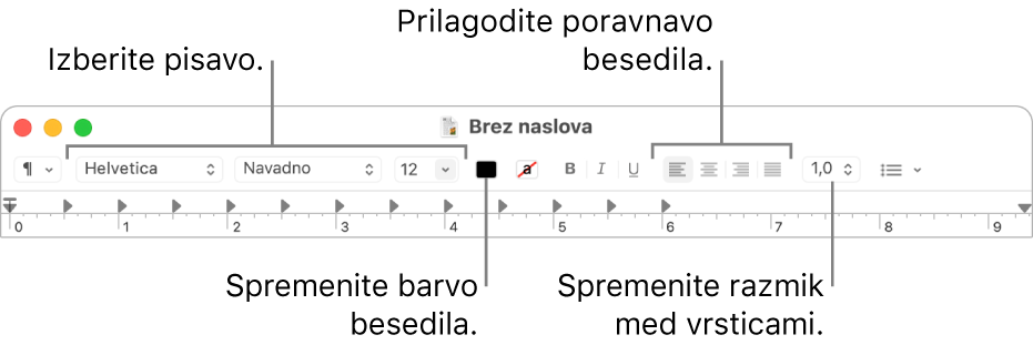 Orodna vrstica urejevalnika TextEdit za dokument z obogatenim besedilom, kjer so prikazani pisava ter krmilne funkcije za poravnavo in razmike.