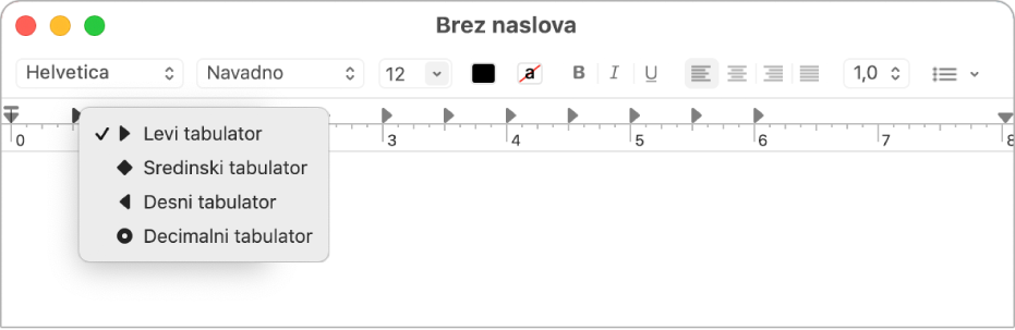 Ravnilo, ki prikazuje možnosti tabulatorskih mest.