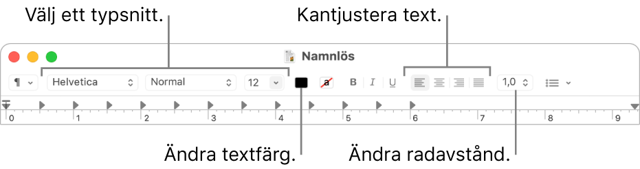 Verktygsfältet för ett dokument med formaterad text i Textredigerare som visar typsnitt, textjustering och mellanrumsreglage.