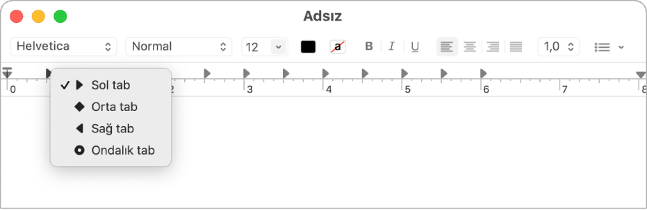 Tab durağı seçeneklerini gösteren cetvel.