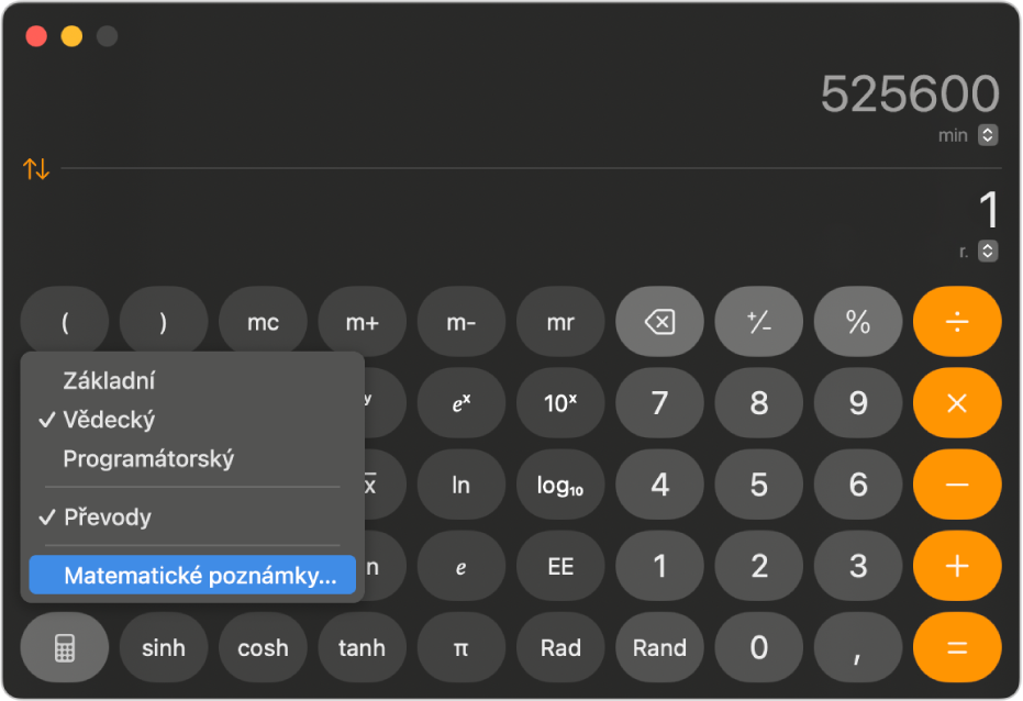 Kalkulačka ve vědeckém režimu s otevřenou nabídkou a výběrem „Matematické poznámky“