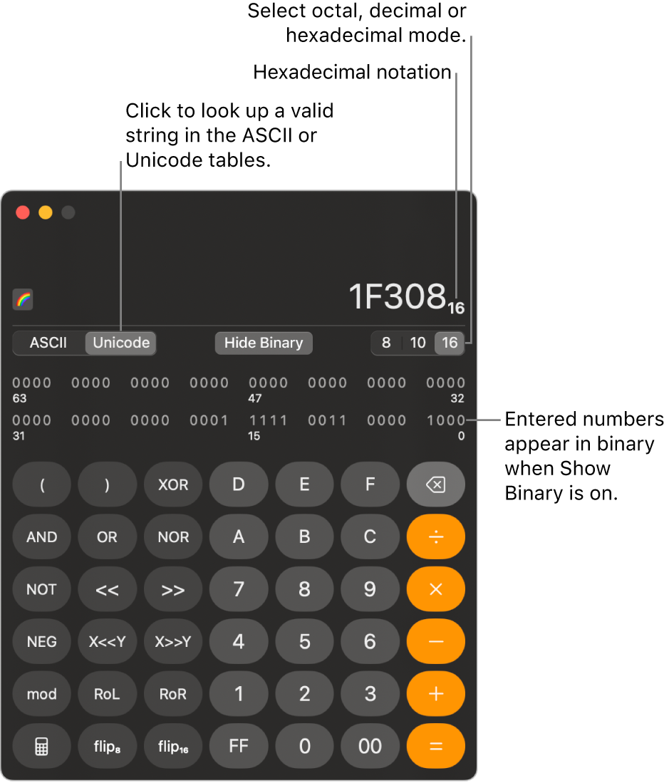 A calculator in programmer mode.