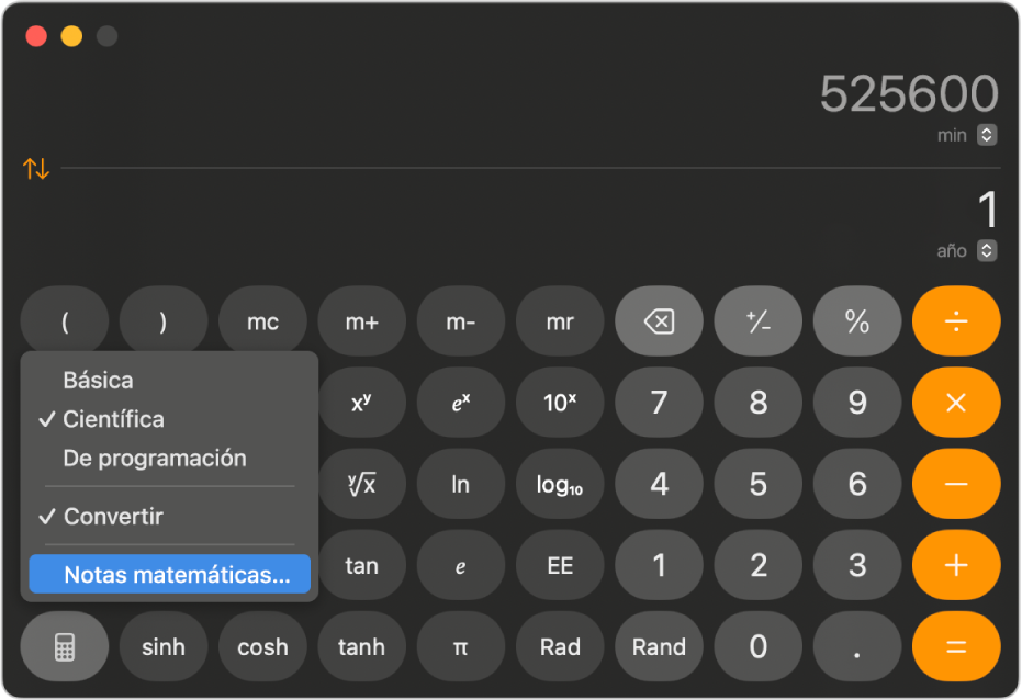 Una calculadora científica en el modo Científica, con un menú abierto y la opción Notas matemáticas seleccionada.