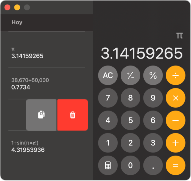 La app Calculadora mostrando el historial de cálculos.