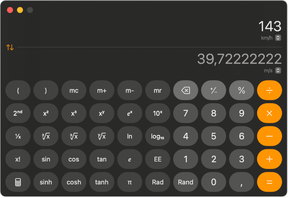 Calculadora científica en modo de conversión.