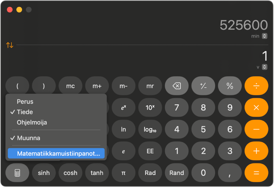 Tiedetilassa oleva laskin, jossa näkyy avoinna oleva valikko ja Matematiikkamuistiinpanot valittuina.