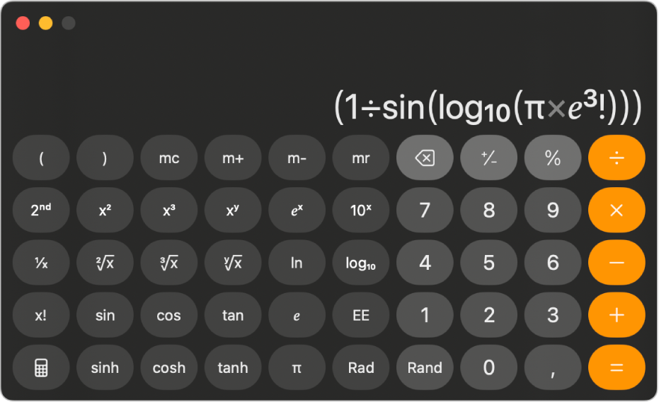 Une calculette en mode scientifique affichant une expression saisie.