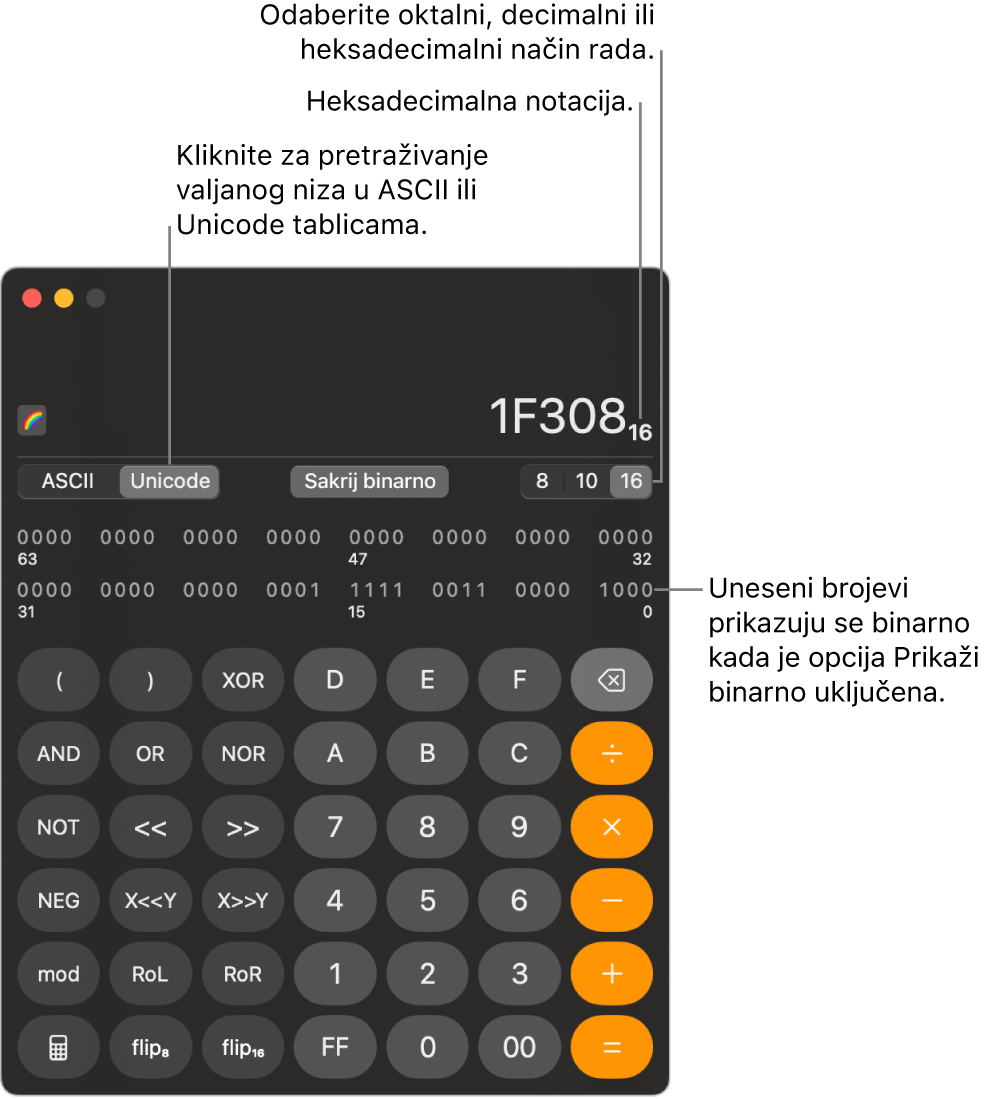 Kalkulator u programerskom načinu rada.