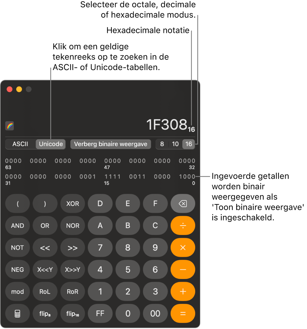 Een rekenmachine in de programmeurmodus.