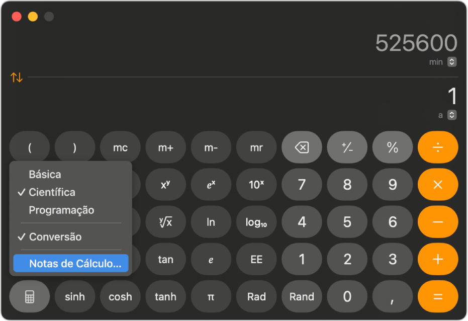 Uma calculadora em modo científico com um menu aberto e o modo Notas de Cálculo selecionado.