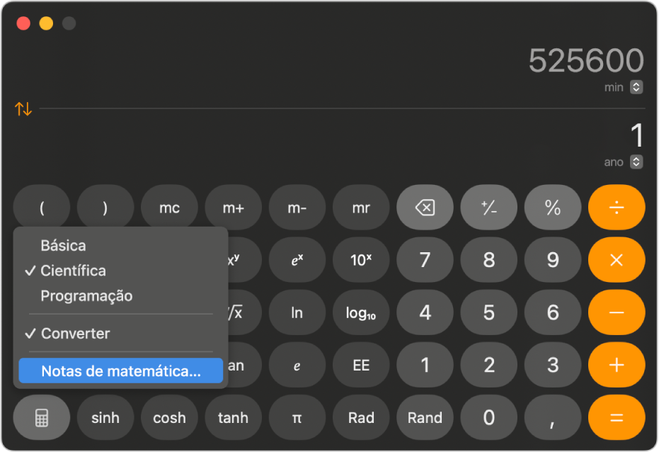 Uma calculadora no modo científico a mostrar uma conversão de minutos para anos.