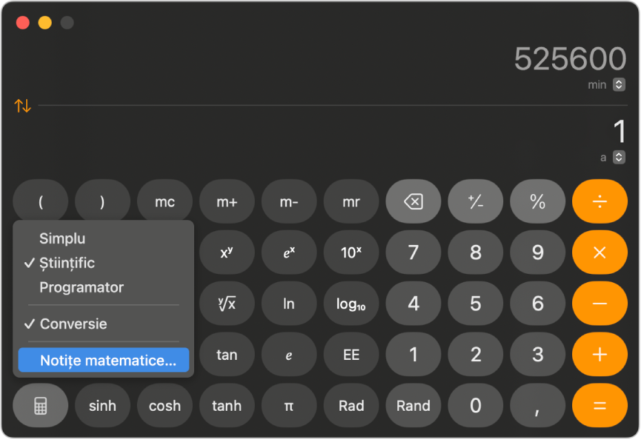 Un calculator în modul științific cu un meniu deschis și cu opțiunea Notițe matematice selectată.