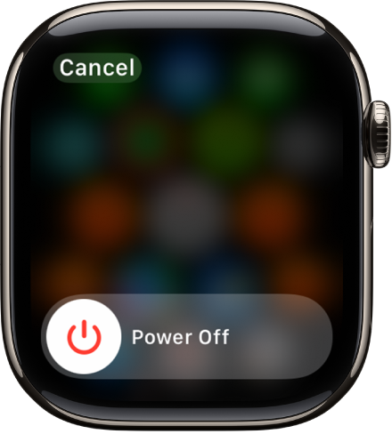 Екранът на Apple Watch, показващ плъзгача Power Off (Изключване). Изтеглете плъзгача, за да изключите Apple Watch.