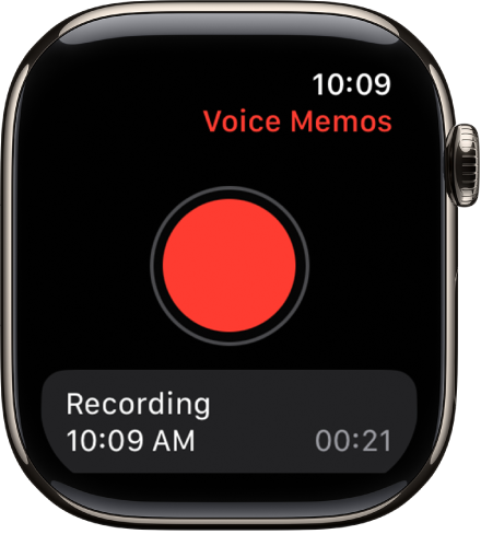 Apple Watch, показващ екрана Voice Memos (Гласови бележки). В горния край се появява червен бутон Record (Запис). Отдолу се появява една записана бележка. Показани са часът на записване и продължителността на бележката.