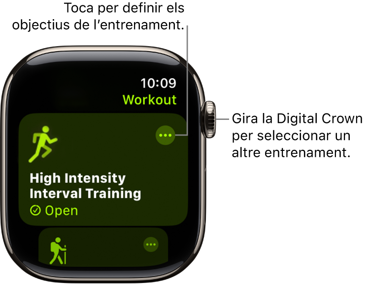 La pantalla de l’entrenament amb l’entrenament a intervals d’alta intensitat ressaltat. A la part superior dreta del requadre de l’entrenament hi ha un botó Més.