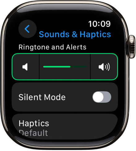 La configuració “Sons i vibracions” a l’Apple Watch amb el regulador del volum d’avís a la part superior i l’interruptor del mode de silenci a sota.