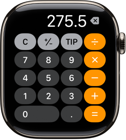 Un Apple Watch en què es veu l’app Calculadora. La pantalla mostra un teclat numèric típic amb funcions matemàtiques a la dreta. A sobre, hi ha els botons C, més o menys i propina.