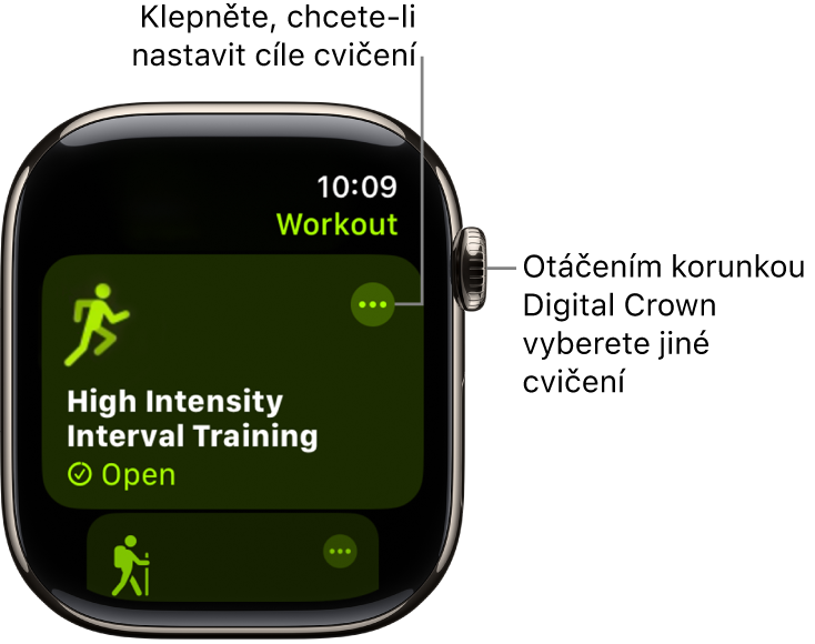 Obrazovka Cvičení s vyznačením vysoce intenzivního intervalového tréninku. Vpravo nahoře u dlaždice cvičení se nachází tlačítko Více.
