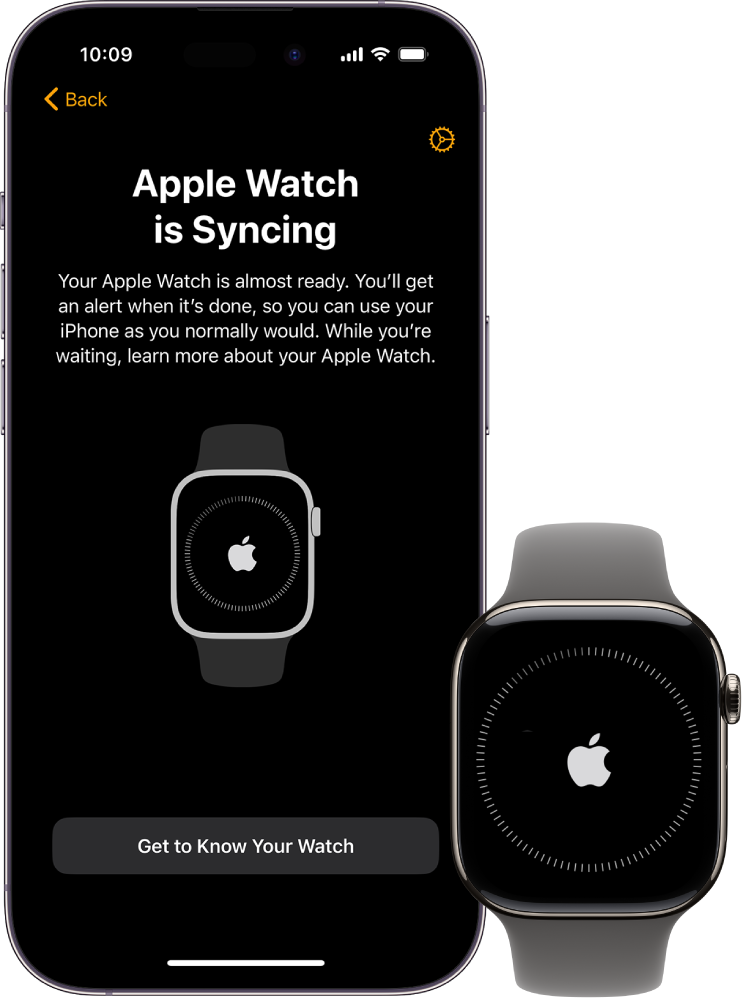 En iPhone og et Apple Watch ved siden af hinanden. Skærmen på iPhone viser “Apple Watch synkroniserer”. Apple Watch viser status for synkronisering.