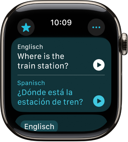 Ein Bildschirm der App „Übersetzen“ zeigt oben einen englischen Satz, der unten ins Spanische übersetzt wurde.