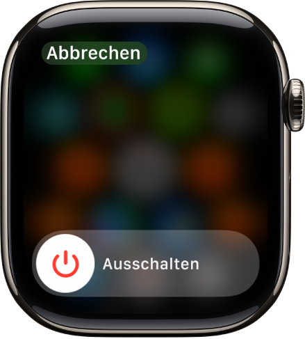 Die Apple Watch mit dem Regler „Ausschalten“. Bewege den Regler, um die Apple Watch auszuschalten.