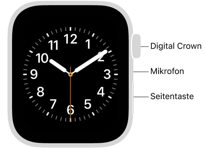 Die Vorderseite der Apple Watch SE (2. Generation) mit einem Zifferblatt auf dem Display; an der Seite sind von oben nach unten die Digital Crown, das Mikrofon und die Seitentaste zu sehen.