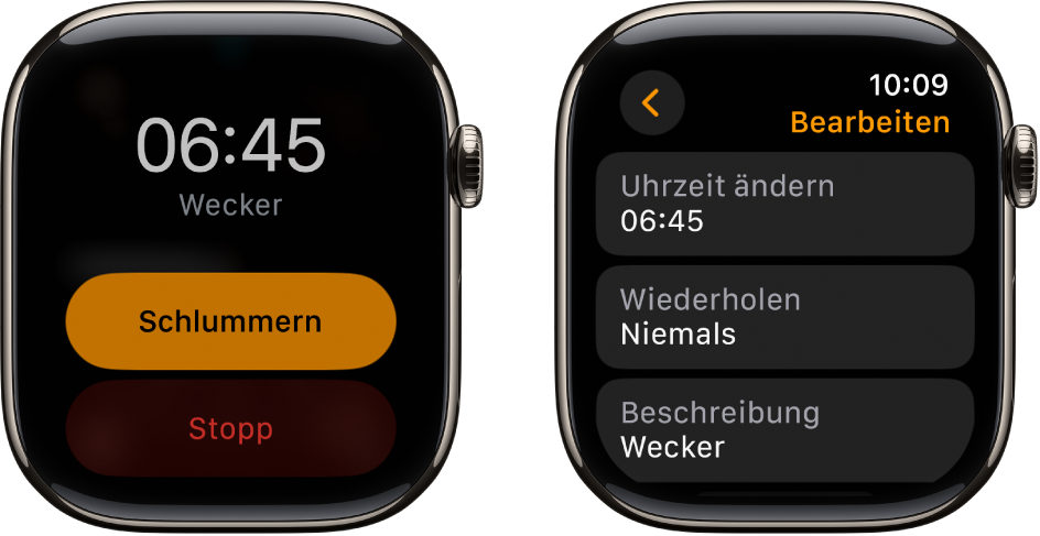 Zwei Apple Watch-Bildschirme: Einer zeigt ein Zifferblatt mit den Tasten „Schlummern“ und „Stopp“, der andere zeigt Einstellungen für „Wecker bearbeiten“ und darunter die Tasten „Uhrzeit ändern“, „Wiederholen“ und „Etikett“. Der Schalter „Schlummern“ befindet sich unten.