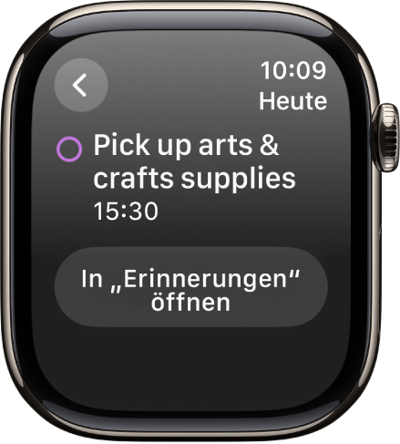 Die App „Kalender“ mit einer Erinnerung. Oben wird der Name der Erinnerung angezeigt, darunter die Uhrzeit der Erinnerung. Das Datum des Ereignisses steht oben rechts. Unten befindet sich eine Taste zum Öffnen der App „Erinnerungen“.