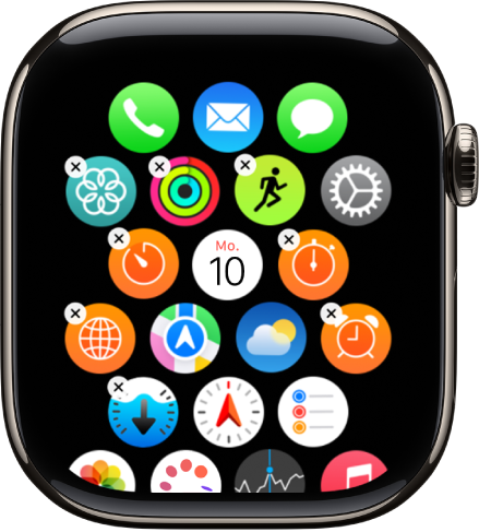 Der Bildschirm „Anordnen“ der Apple Watch-App zeigt ein Raster von Symbolen.