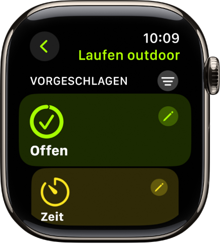 Die App „Training“ mit einer Anzeige zum Bearbeiten eines Outdoor-Lauftrainings. Die Kachel „Offen“ wird in der Mitte angezeigt. In ihrer oben rechten Ecke befindet sich die Taste „Bearbeiten“. Darunter ist ein Teil der Kachel „Zeit“ zu sehen.