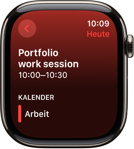 Die App „Kalender“ mit einem neuen Ereignis. Oben wird der Name des Ereignisses angezeigt, darunter die Uhrzeit des Ereignisses. Das Datum des Ereignisses steht oben rechts. Unter der Kalenderüberschrift befindet sich der Name des Kalenders, zu dem das Ereignis gehört.