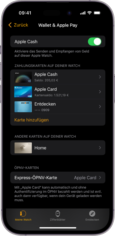 Ein iPhone-Bildschirm zeigt die Einstellungen für „Wallet & Apple Pay“ in der Apple Watch-App.