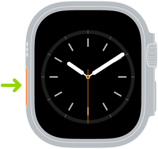 Illustration der Apple Watch mit einem Pfeil, der links auf die Aktionstaste zeigt.