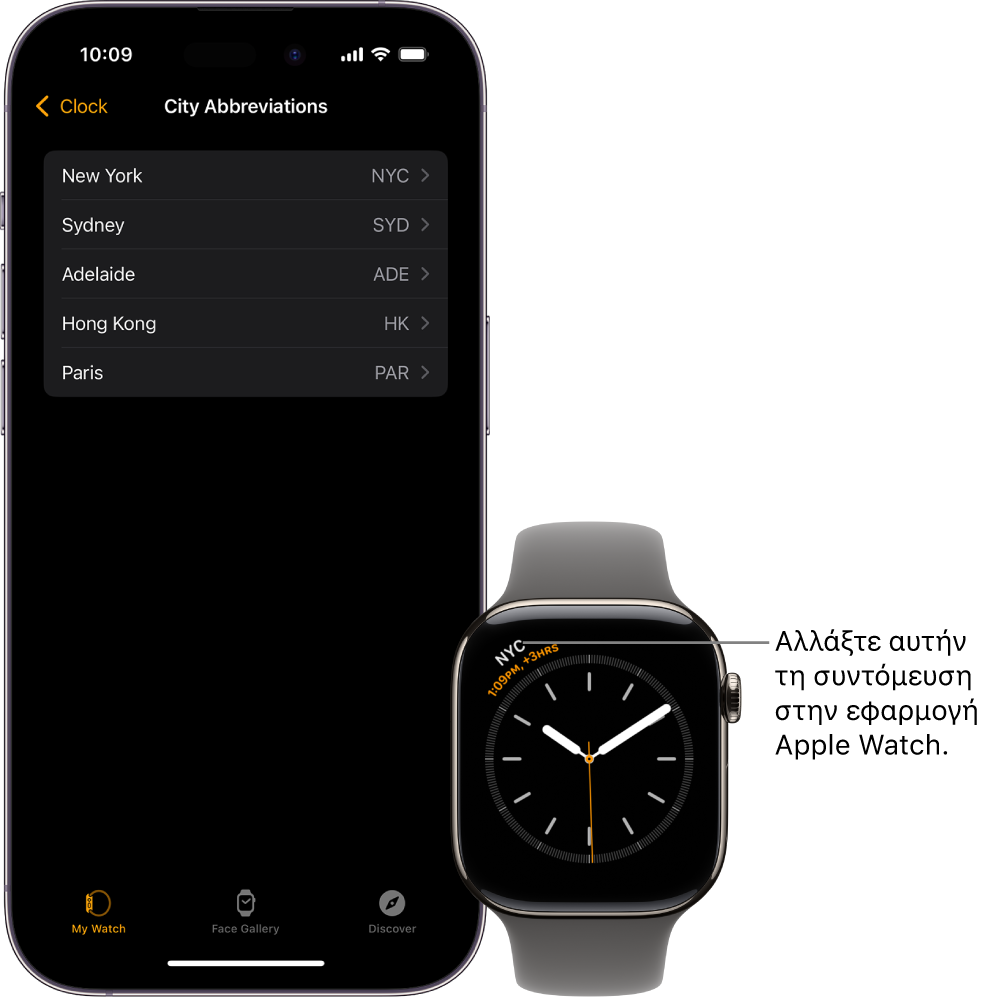 Ένα iPhone και ένα Apple Watch, πλάι-πλάι. Η οθόνη του Apple Watch εμφανίζει στην ώρα της Νέας Υόρκης, με τη συντομογραφία NYC. Στην οθόνη του iPhone εμφανίζεται μια λίστα πόλεων στις ρυθμίσεις για το «Ρολόι» στην εφαρμογή Apple Watch.