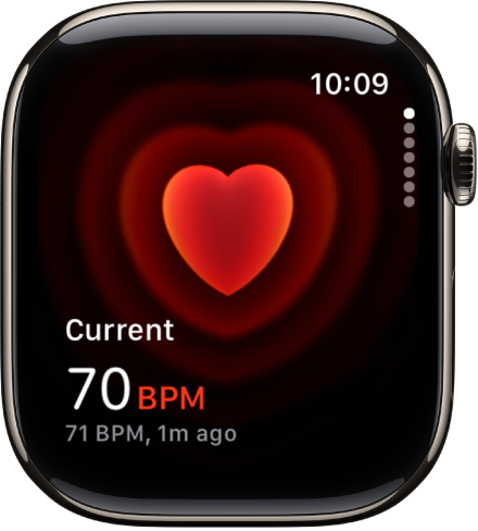 A Heart Rate screen, with your current heart rate showing in the bottom left, and your last reading in smaller type below that.